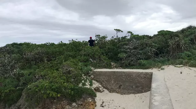 池間ブロックの茂みへ入る夫